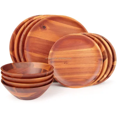 New Style 2021 Best Selling Aidea Wood Dinnerware Set 12pcs Acacia Wood Tableware Set, Service for 4