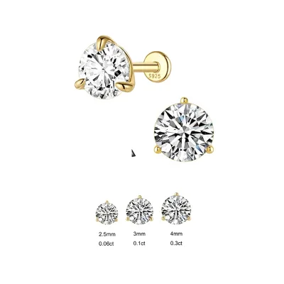 Classic 3 Prong Set S925 Silver D Color Morganite Flat Back Piercing Studs Rhodium Plated Gift Cartilage Multiple Sizes 2.5mm