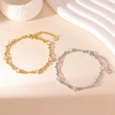 Stainless Steel Gemstone Bracelet Gold Silver Bezel Heart Cubic Zirconia Minimalist Elegant Luxury Bracelets