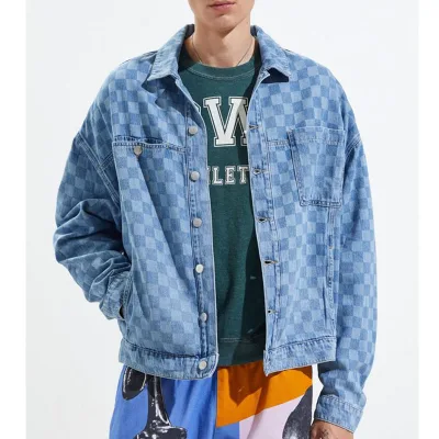 Wholesale Men Checker Jacket Jacquard Blue Plaid Designer Denim Jackets Jeans Winter Coats for Man