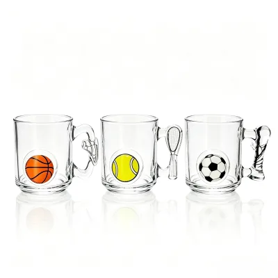 Sports Embossed Glass Beer Mug with Football Basketball Tennis Ball Sport Handle Sports Fan Gift Cup for Bar Home Daily Drinking