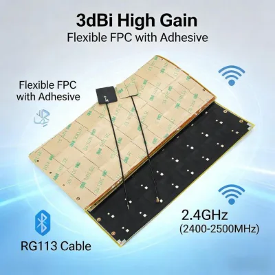 Premium High-Gain 3dBi 2.4Ghz Flexible FPC WiFi Omni Antenna with Adhesive Back RG113 Cable Welded Interface for IoT/WLAN Device