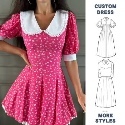 High Quality Custom Casual Classic Cotton Summer Chic a Line Ruffle Doll Neck Flower Block Print Floral Short Mini Women's Dress
