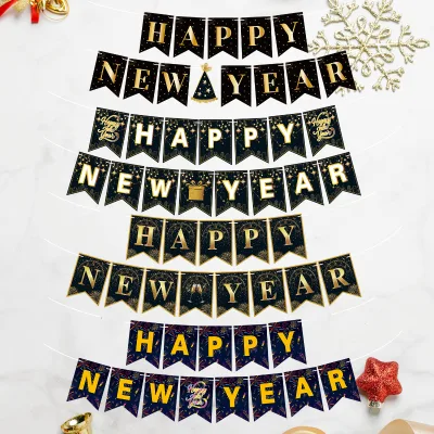 Wholesale Black Gold Happy New Year Banner Paper Pennant Bunting Garland New Year Eve Party Backdrop Decor Holiday Photo Props