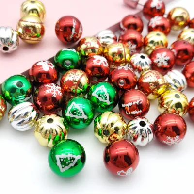 L 51188 Custom 16MM Christmas Colors Printed Round Beads Snowflake Christmas Tree Decoration Beads DIY Jewelry Pen Accessories