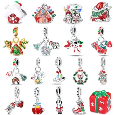 Hot-selling Christmas-themed DIY Beaded Snow House and Ski Boot Charm 925 Silver Bracelet with Pendants Women Jewelry Charm Gift