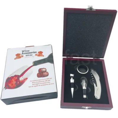 Perfect Stainless Steel Metal Wine Accessory Corkscrew Gift Set in Wooden Box 4 Pieces Accessories Wine Aerator Set