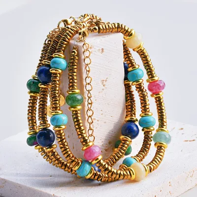Waterproof Gold Plated Stainless Steel Gemstone Bracelet for Women Adjustable Tourmaline Lobster Buckle Tail Chain Bracelet
