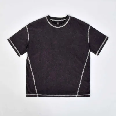 Men's Casual Short Sleeve Contrast Stitch T-Shirt 100% Cotton Breathable Boxy Cropped Fit