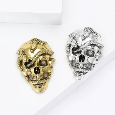 Gothic Snake Skull Brooch, Retro Style Gold Silver Tone Punk Pin