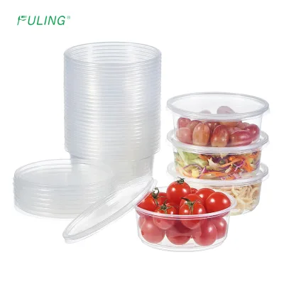 FULING Bulk Disposable Round Plastic Packing Bucket 750ml 1000ml 1500ml Clear Food Container with Lid for Restaurant Takeaway