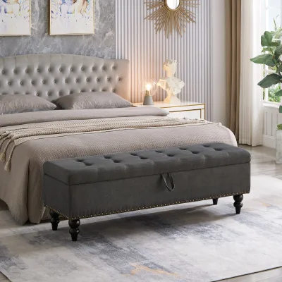 Flip Top Storage Bench Ottoman Large Capacity End Bed Stool Nailhead Trim Fabric Padded Footstool Small Bedroom Furniture