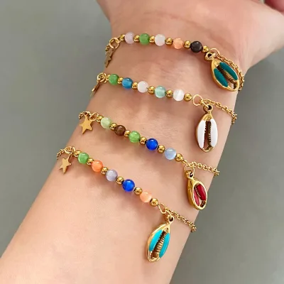New Cat's Eye Stone Beaded Bracelet Elegant Versatile Stainless Steel Star DripOil Shell Charm for Women Fashionable Jewelry