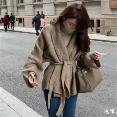 Fashion Winter Cardigans Sweater With Belt French Elegant Turn Down Collar Jacket Midi Long Knitted Cardigans for Women