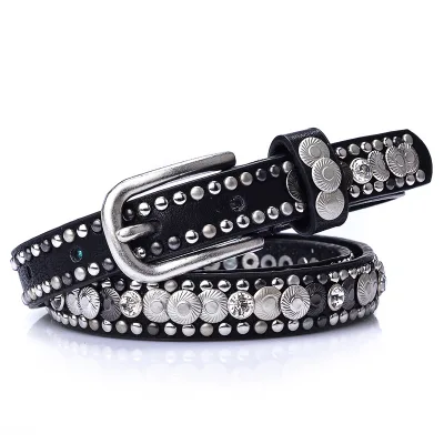 Skinny Women Leather Belts With Fashion Pin Buckle Fulling of Studs Designer Belt for Women