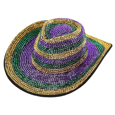 Custom Unisex Luxury Purple Green Gold Mardi Gras Rhinestone Cowboy Hat Cowgirl Hats Shiny Jazz Caps for Carnival Party Favors