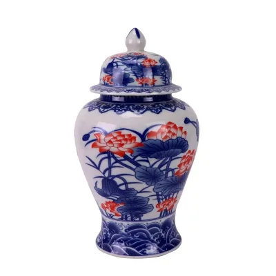 RZUF98-C Chinese porcelain blue and white underglaze red lotus pattern home decoration storage ceramic general jar