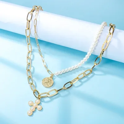 Custom Necklace Pendant Coin Portrait Bohemian Boho Chain Heart Cross Vintage Multi Layered Paperclip Pearl Pendant Necklaces
