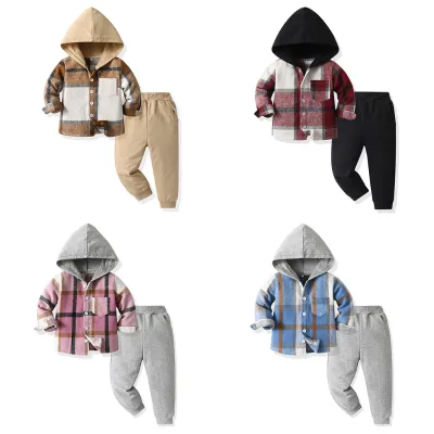 Autumn Boys and Girls Unisexual Plaid Shirt Harlan Pants Children Hooded Casual Plaid Children's Suit