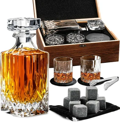Custom Twisted Crystal Glass Whiskey Set with Ice Cube Slate Coaster Wooden Box Decanter-Bar Tools Great Gift Set