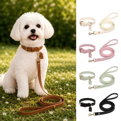 Luxury Walking Dog Collar Leash Set Vegan Leather Custom Logo Name Tag Durable Adjustable Pet Leashes Collars