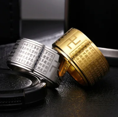 Gold and Silver Scripture Rotating Titanium Stainless Steel Buddhism  Anxiety Men and Women Custom Ring Jewelry