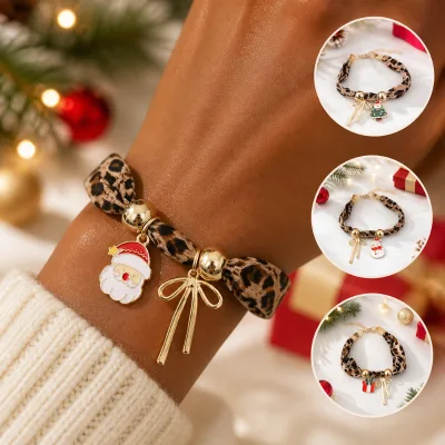 New Design Leopard Print Ribbon Woven Bracelet Christmas Charm Pendant Santa Claus Star Bow Drip Oil Alloy Jewelry Bracelet