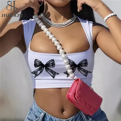 Women Tops 2000s Style Y2k Vintage Emo Woman Aesthetic Women's Bow Print Low Cut T Shirt