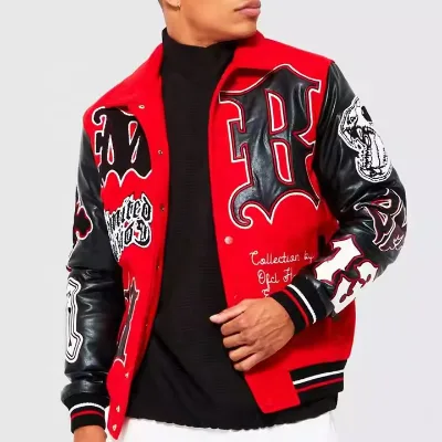 Custom Men's Vintage Varsity Jacket Winter Wool Leather Sleeves Hooded Collar Letterman Baseball Design Woven Embroidery Bomber