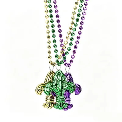 Wholesale Mardi Gras Beads Necklace with Fleur-de-lis Pendant, Purple Green Gold Party Favors for Carnival Parades