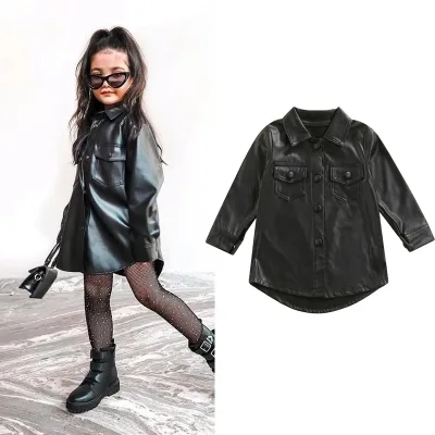Girl Fashion Black PU Leather Coat Autumn Kids Children Casual Solid Button Shirt Dress Outwear