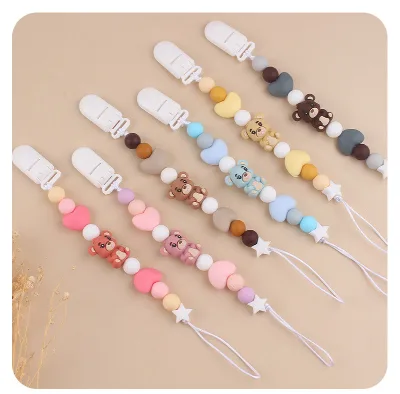 Silicone Beads Cartoon Bear Pacifier Anti Drop Chain Pacifier Chain Clip