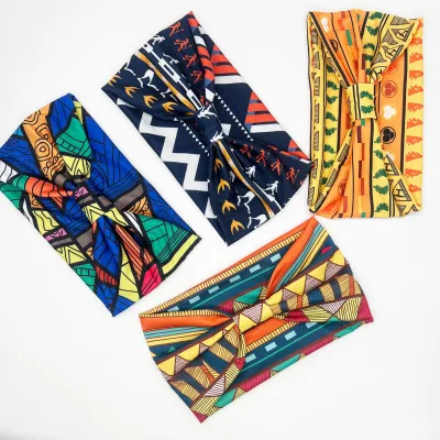 European and American Women's African Print Polyester & Spandex Sports Yoga Headbands Wide Edge Elastic Knotting Indoor Outdoor
