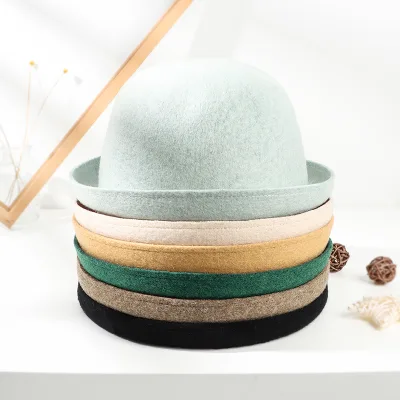 Wholesale Autumn Fashion British Hat Small Brim Curling Edge Wool Winter Black Fedora Hats for Womens