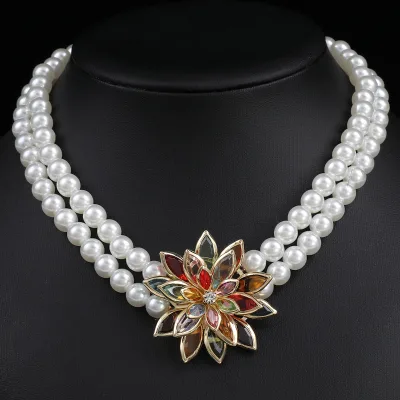Fashion Multi-Layer Imitation Pearl Necklace Vintage Colorful Flower Necklace Luxury Necklace Wedding Jewelry for Girls Gift