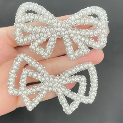 New Designs White Color Bow Handmade Rhinestone Bow Patch Pearl Bow Patches
