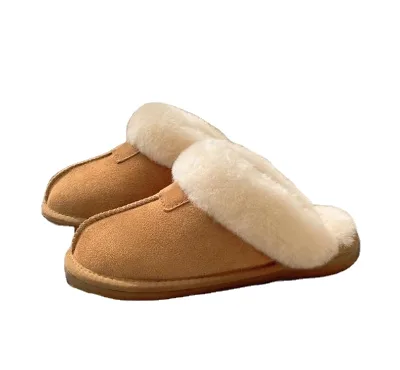 Sample Support Factory Customize Logo Doule Face Sheepskin Slipper Merino Wool Non slip Winter Warm Scuff Memory Foam Fur Slides