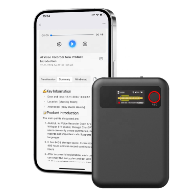 Portable One-Button 64GB AI Voice Recorder with Multi-Languages Voice Transcription Phone Call Sound Recording