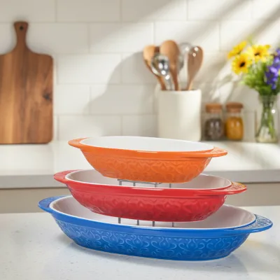 Wholesale 3-Piece Embossed Design Non-Stick Oval Ceramic Baking Dishes for Restaurant Use