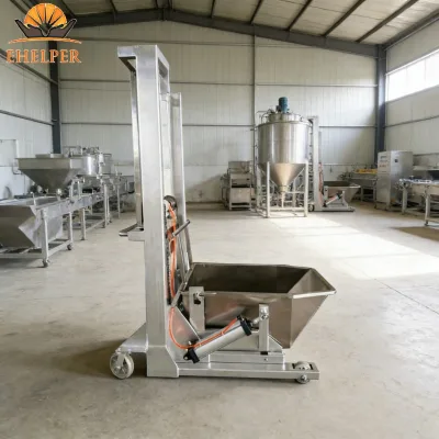 CE Certified Stainless Steel Pneumatic Material Lifter with Reversible Hopper for Tilting Cooking Pan 200kg Load 100-1600mm Lift