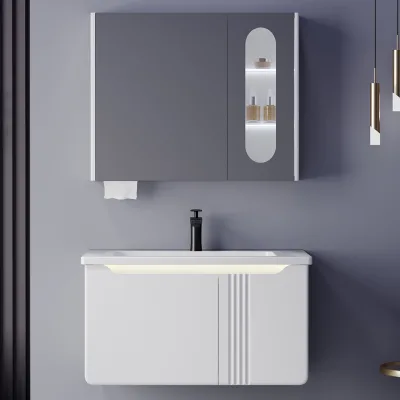 European Style Luxury for Bathroom Vanity Wall-Hung Solid Wood Plywood Lacquer Door Panel Rectangular Modern Aluminum for Apartm