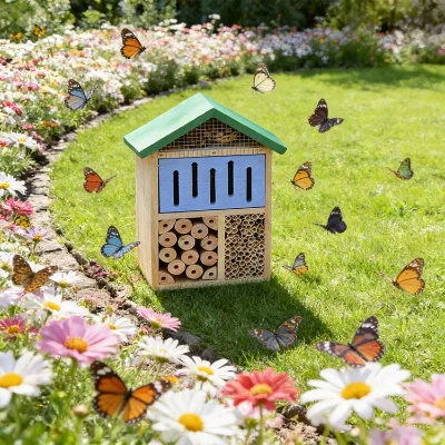 Wooden Carved Handmade Bee Hotel Insect House for Bees Butterflies and Ladybugs Garden Yard