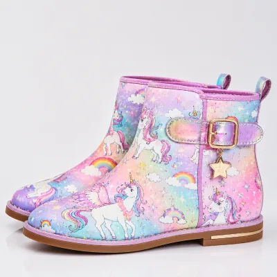 OEM ODM Custom Kids Unicorn Ankle Boots Candy Color Printed Flat Shoes Girls Fashion Footwear Factory Wholesale