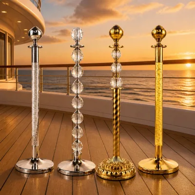 Luxury Polished Gold Stanchion with Crystal Top Premium Velvet Rope Barrier for Hotel Museum Airport VIP Queue Control