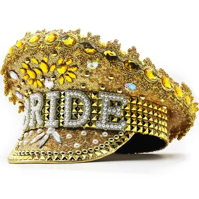 Fashion Women Bride Captain Hat Sergeant Bridal Cosplay Stage Hat Festival Birthday Weeding Part Hat Luxury Rhinestone