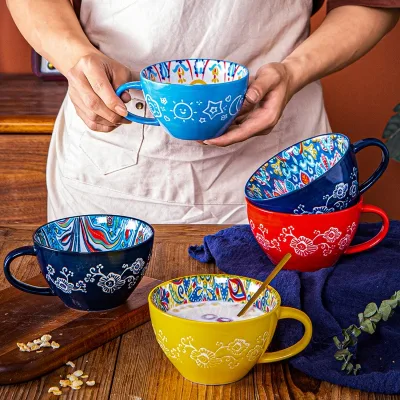 Retro Large-Capacity Ceramic Breakfast Oatmeal Mug Microwave-Safe for Milk and Coffee