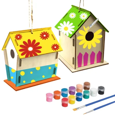 Children Boy Girls Crafts Diy Bird House Kit Craft Doodle Small Bird House Set Include Unfinished Wood Mini Bird House