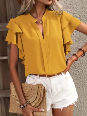 2026 Western Style Cross-border Women's Summer New V-neck Casual Double-layer Ruffled Sleeve Solid Color Shirt