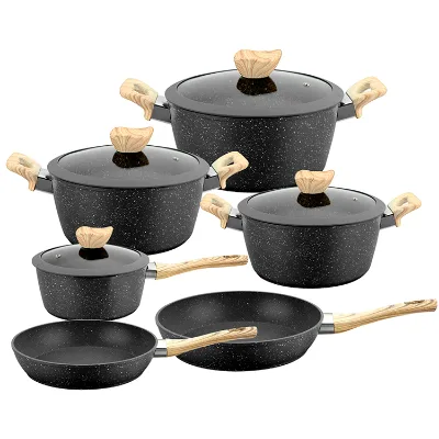 10 Pcs Marble Coating Non Stick Aluminium Cooking Pot Set Cookware Set With Wooden Handle