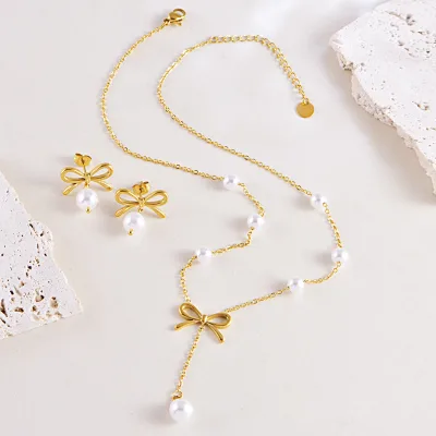 Fine Pearl Tassel Bow Clavicle Chain Necklace Earrings Fashion 18K Gold Plated Jewelry Set for Women